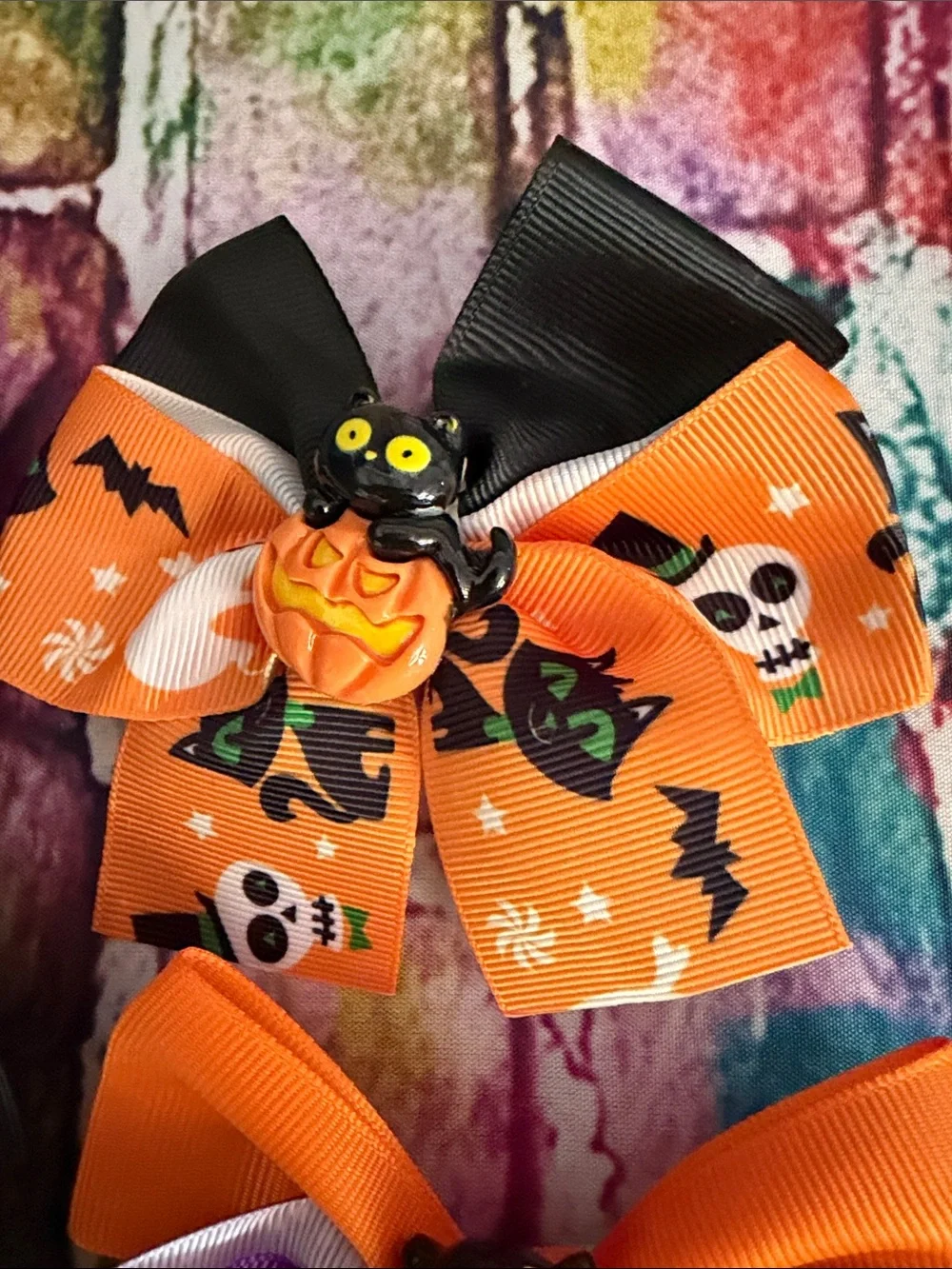 Halloween Kids Ribbon Hair Bows - Orange, Purple, Black, White